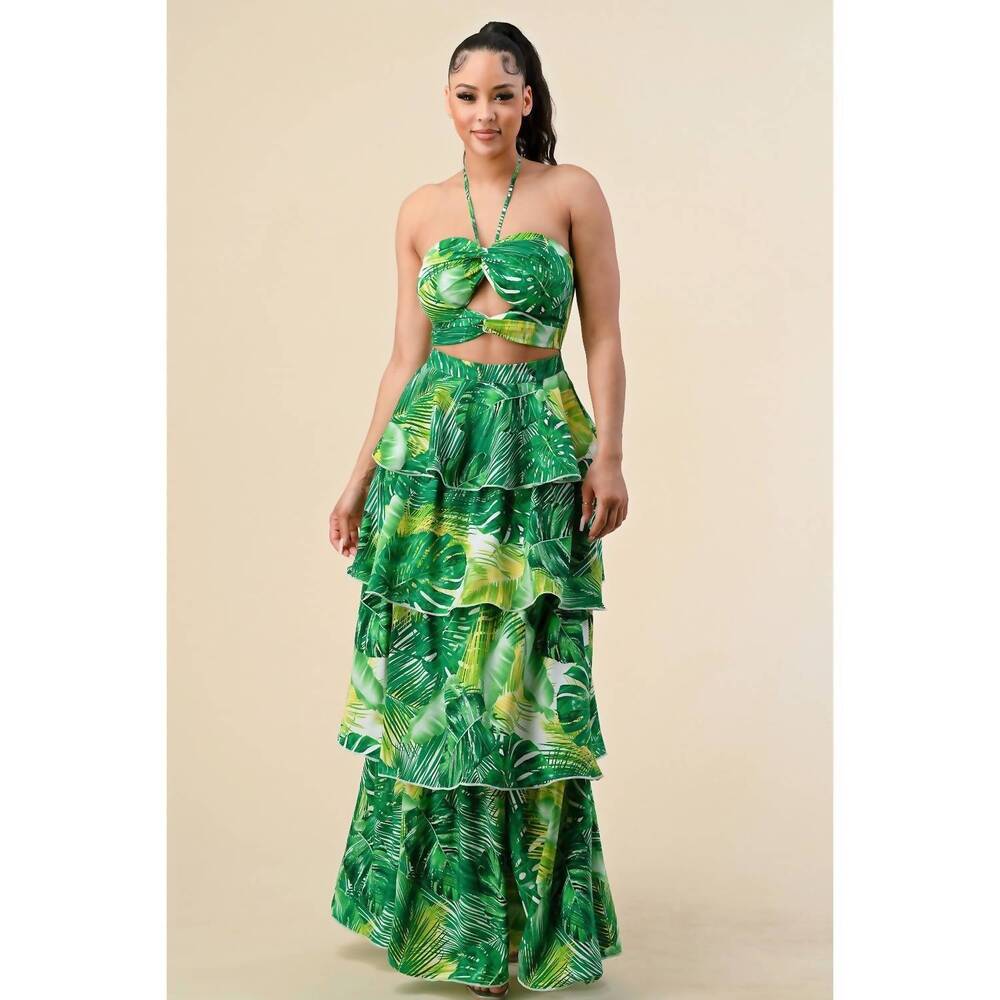 NEW THE SANG under the palms ruffle halter neck dress in green
